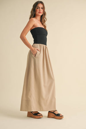 D3442 LINEN WITH RIBBED KNITTED TOP COMBO DRESS-Blue Hand Home