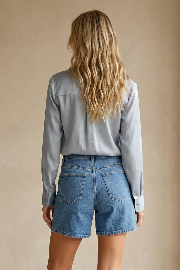 Refined Hidden-Placket Blouse-Blue Hand Home