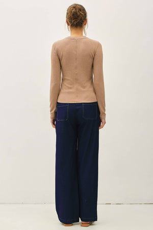 KNIT DENIM WIDE LEG PULL ON PANTS-Blue Hand Home