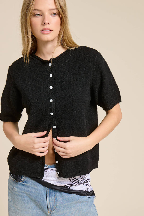 Short Sleeve Button Down Cardigan Top-Blue Hand Home