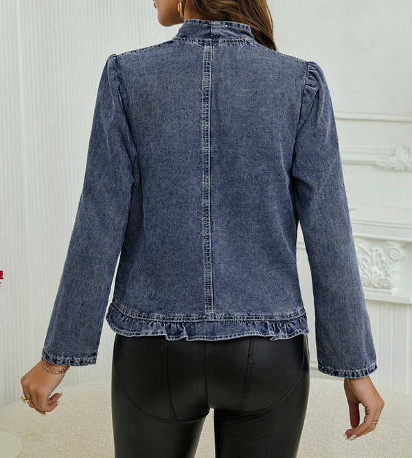 Crop Open Ruffle Denim Jacket