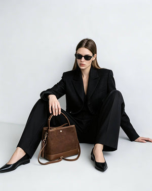 Large Suede Bucket Bag With Genuine Leather Details