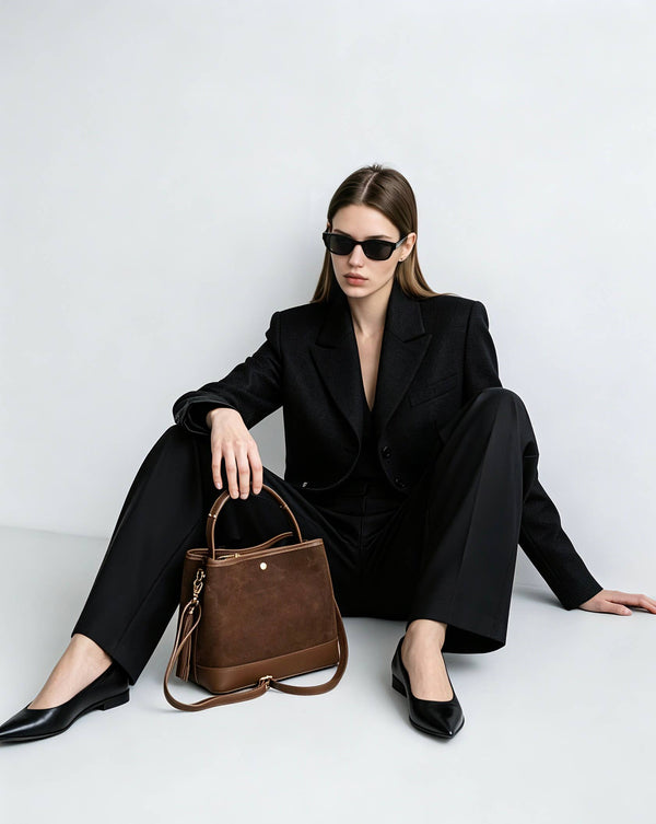 Large Suede Bucket Bag With Genuine Leather Details