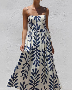 Tropical Leaf Print Spaghetti Strap Flowy Swing Dress-Blue Hand Home