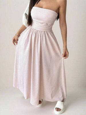 Effortless vibe Pinstripe strapless A-line skirt maxi dress-Blue Hand Home
