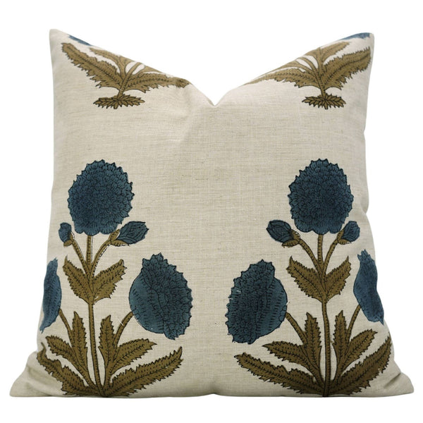 Bohemian Block Print Linen Blend Pillow Cover - Badshah-Blue Hand Home