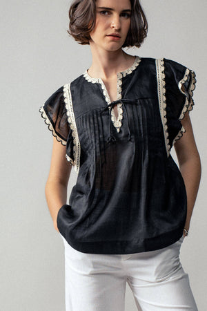 Vintage Lace Flutter Sleeve Woven Top-Blue Hand Home