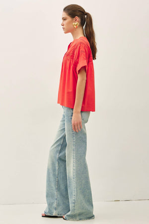 EYELET LACED OVERSIZE DOLMAN SLEEVE TOP-Blue Hand Home