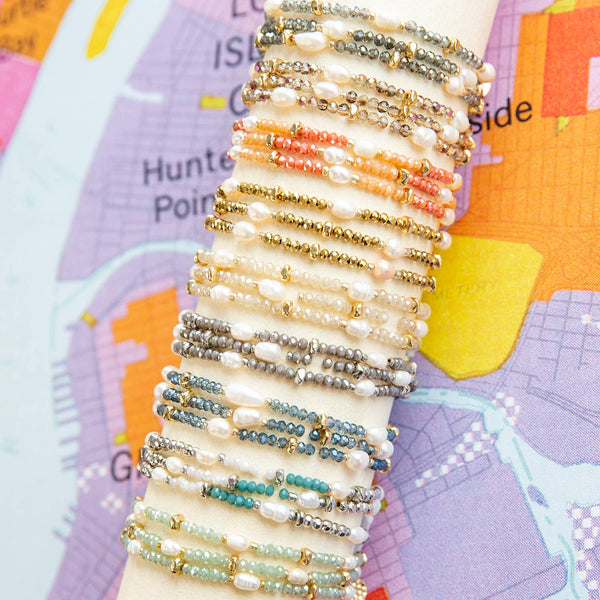 Crystal beaded pearl wrap bracelet-Blue Hand Home
