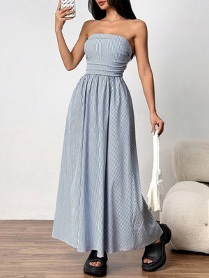 Effortless vibe Pinstripe strapless A-line skirt maxi dress-Blue Hand Home