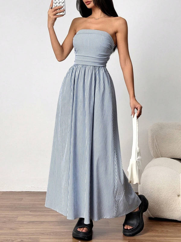 Effortless vibe Pinstripe strapless A-line skirt maxi dress-Blue Hand Home