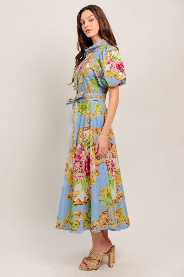 A Printed Woven Midi Dress - Id23438-Blue Hand Home