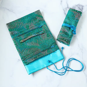 Peacock Feather Brocade Jewelry Rolls, Travel Jewelry Pouch-Blue Hand Home