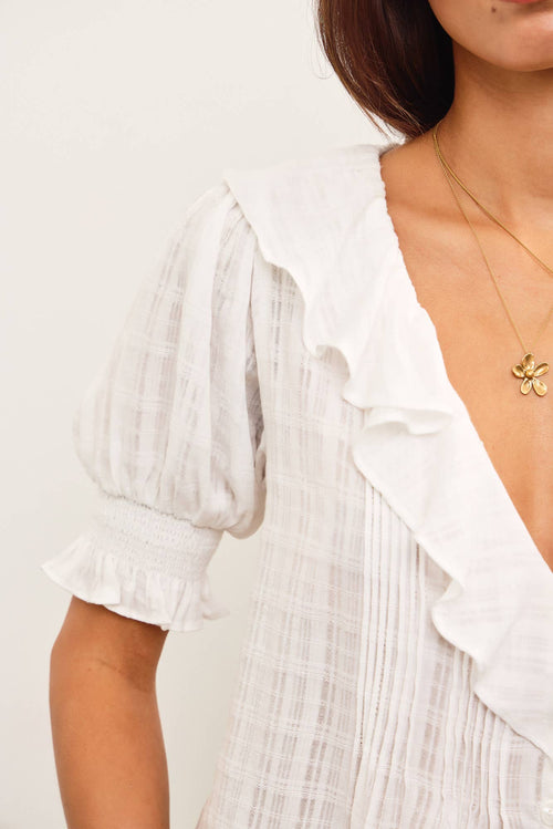RUFFLED V NECK PUFF SLEEVE TOP-Blue Hand Home