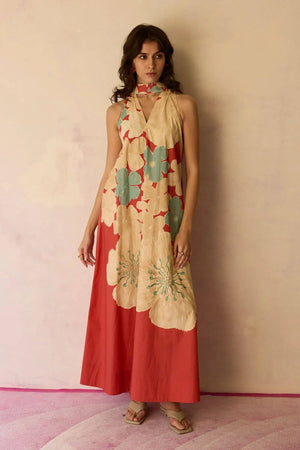 Hibiscus Anaar Soft Drape Maxi Dress - Coral-Blue Hand Home