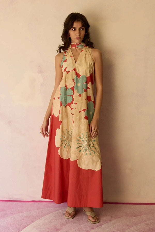 Hibiscus Anaar Soft Drape Maxi Dress - Coral-Blue Hand Home
