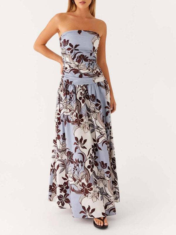 Exquisite floral & botanical strapless maxi cocktail dress-Blue Hand Home