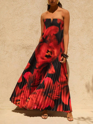 Bergamot Floral Pleated Sweetheart Neck Maxi Dress-Blue Hand Home