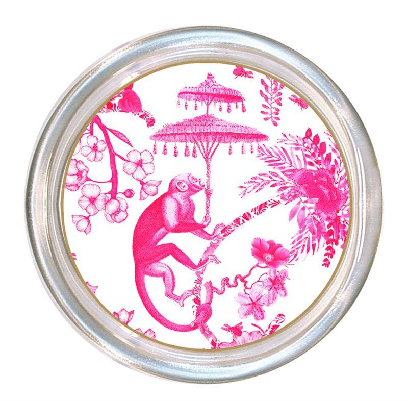 C9199B- Chic Monkey with Umbrella Toile Pink Coaster-Blue Hand Home