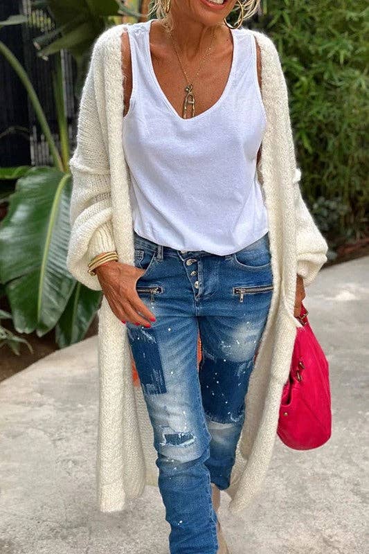 Love & Peace Exposed Seam Knit Sweater Long Cardigan-Blue Hand Home