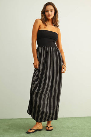 D5725 STRIPED PATTERN KNIT WITH RIBBED TOP COMBINATION DRESS-Blue Hand Home