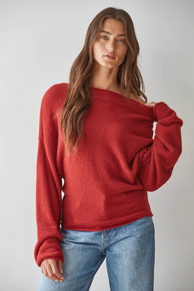 W1542 | Knit Sweater Boat Neck Long Sleeve Pullover Top