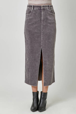 60742 Washed Front Slit Corduroy Skirt-Blue Hand Home
