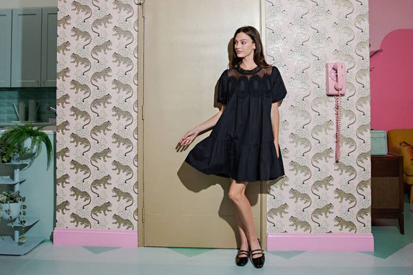 Bubble Sleeve Crochet Lace Babydoll Dress-Blue Hand Home