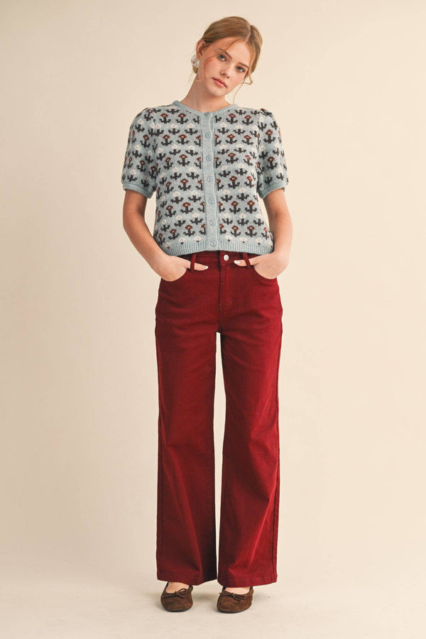 FLORAL SHORT SLEEVE SWEATER CARDIGAN MSW11259-Blue Hand Home