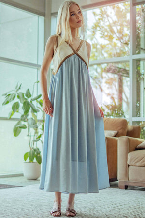 Contrast Piping Empire Waist Dress-Blue Hand Home