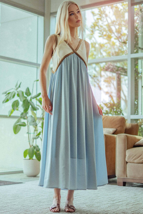 Contrast Piping Empire Waist Dress-Blue Hand Home