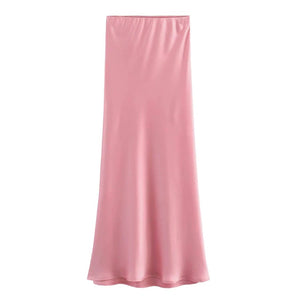 Ladies Solid Color Satin Midi Skirt 5515-Blue Hand Home