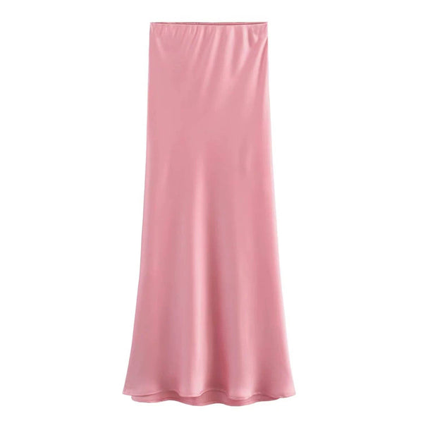 Ladies Solid Color Satin Midi Skirt 5515-Blue Hand Home