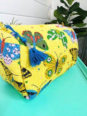 Quilted Makeup Bag | Cosmetic Toiletry Bag | Butterfly Print-Blue Hand Home