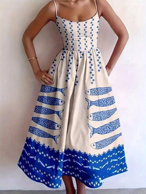 Vacation ocean fish print strap dress back elastic-Blue Hand Home
