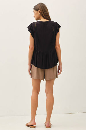 TIE FRONT RUFFLE SLEEVE TOP-Blue Hand Home