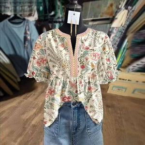 Makalia Floral Print Women Blouse Summer Top-Blue Hand Home