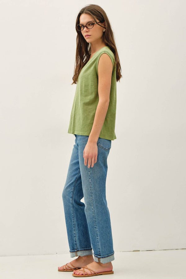 GARMENT DYE COTTON SLUB V-NECK BOXY TANK TEE-Blue Hand Home
