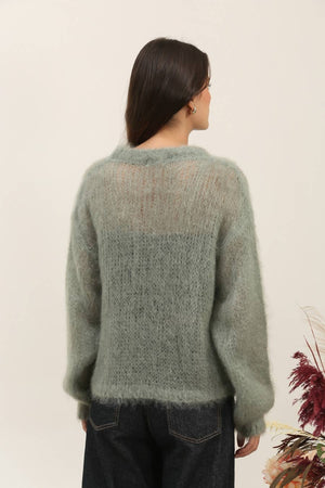 Round neck long sleeve sweater in 80% kid mohair: Kaki / One size-Blue Hand Home