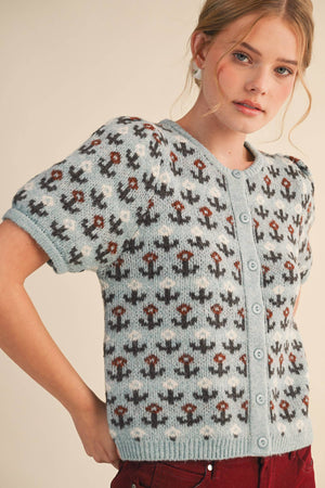 FLORAL SHORT SLEEVE SWEATER CARDIGAN MSW11259-Blue Hand Home