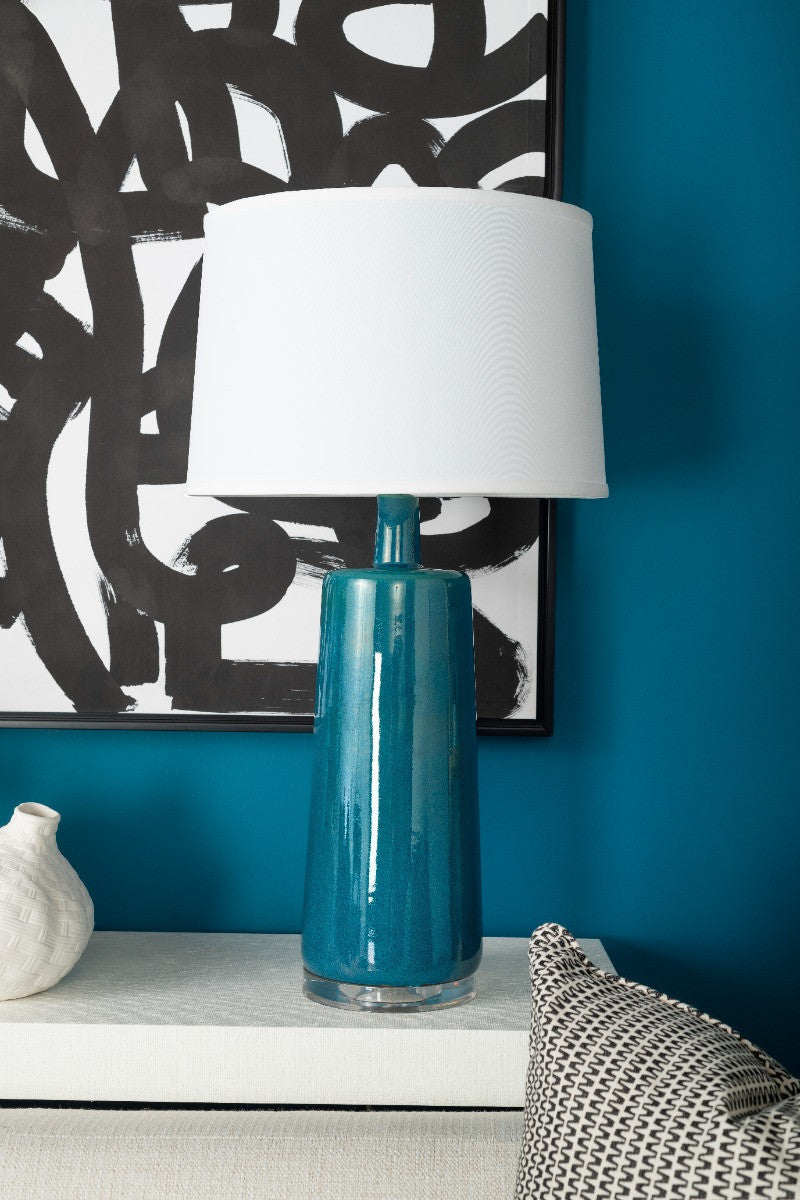Edgware Lamp with Shade 17-inch White Linen, Nickel, Green Lapis