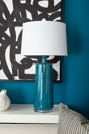 Edgware Lamp with Shade 17-inch White Linen, Nickel, Green Lapis