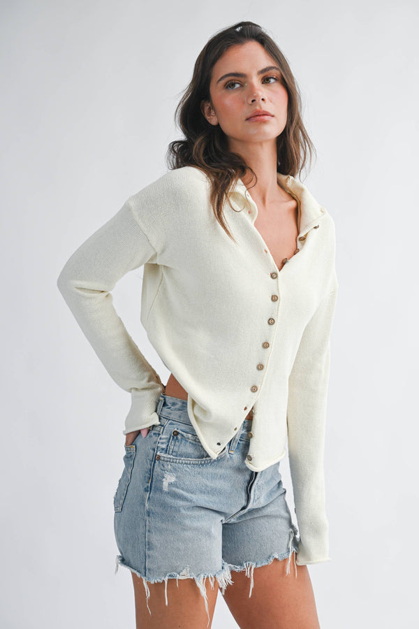 5221HK Button Front Cropped Knit Cardigan-Blue Hand Home