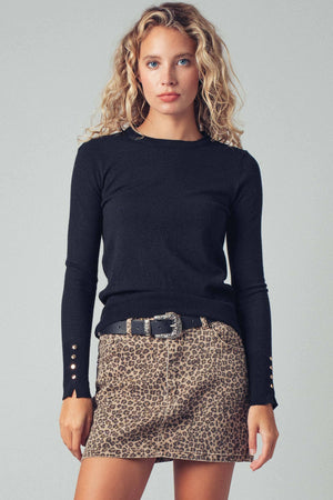 Polished Button Cuff Slim Knit Top-Blue Hand Home