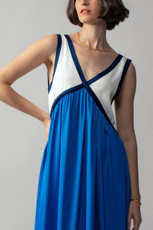 Contrast Piping Empire Waist Dress-Blue Hand Home