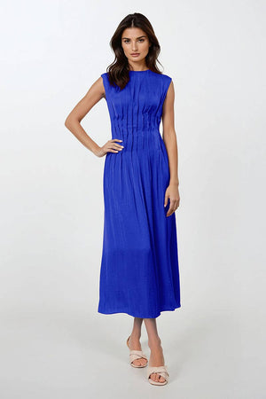 Silky Pleated Waistline Midi Dress-Blue Hand Home