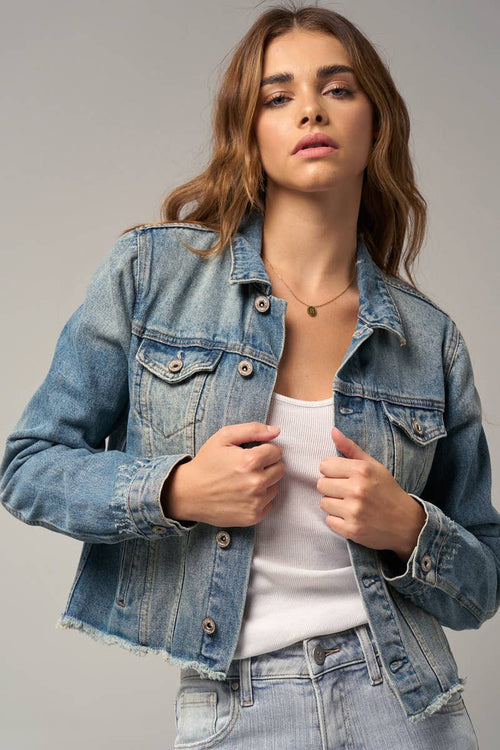 Flap Pockets Raw Hem Denim Jacket-Blue Hand Home