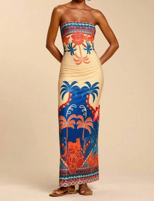 Tropical Floral Print Strapless Maxi Dress Tube Dress-Blue Hand Home
