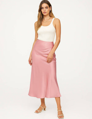 Ladies Solid Color Satin Midi Skirt 5515-Blue Hand Home