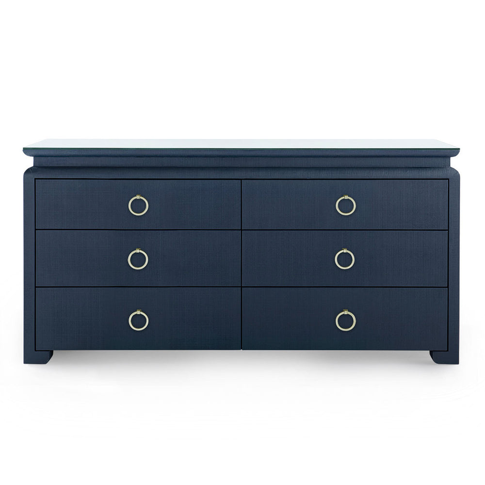 Elina Extra Large 6-Drawer Console with Glass Top, Storm Blue-Blue Hand Home